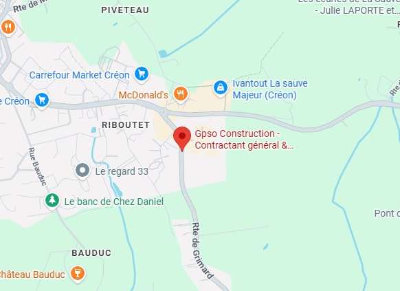 Localisation Gpso Construction Créon : Plan et Accès Carte de Créon montrant Gpso Construction - Contractant général, près de McDonald's et du Carrefour Market.